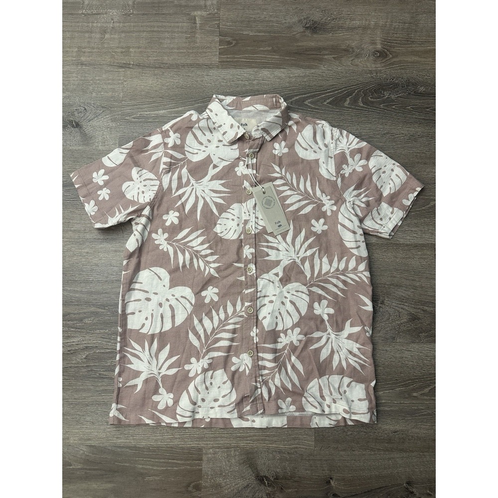 New Folk Short Sleeve Button Up Kingston Pink Leaf Beach Casual Mens Cotton M